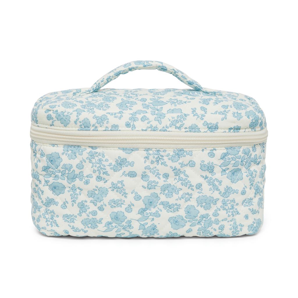 Floral Quilted Cotton Cosmetic Bag with Handle – Large Travel Makeup & Toiletry Pouch for Women – Lightweight Storage Organizer