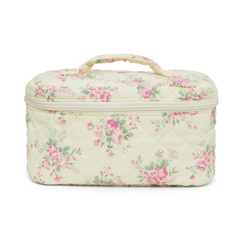 Floral Quilted Cotton Cosmetic Bag with Handle – Large Travel Makeup & Toiletry Pouch for Women – Lightweight Storage Organizer