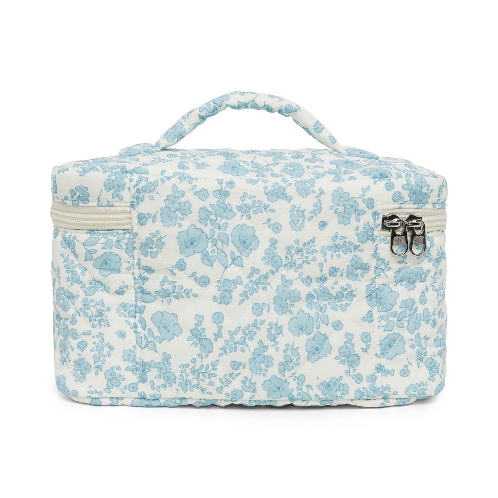 Floral Quilted Cotton Cosmetic Bag with Handle – Large Travel Makeup & Toiletry Pouch for Women – Lightweight Storage Organizer