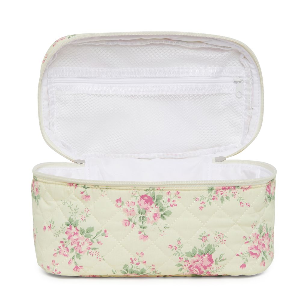 Floral Quilted Cotton Cosmetic Bag with Handle – Large Travel Makeup & Toiletry Pouch for Women – Lightweight Storage Organizer