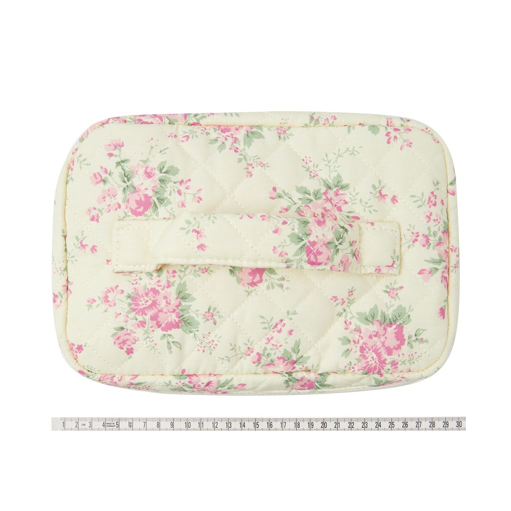 Floral Quilted Cotton Cosmetic Bag with Handle – Large Travel Makeup & Toiletry Pouch for Women – Lightweight Storage Organizer