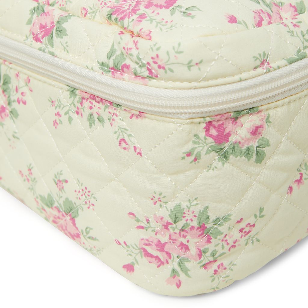 Floral Quilted Cotton Cosmetic Bag with Handle – Large Travel Makeup & Toiletry Pouch for Women – Lightweight Storage Organizer