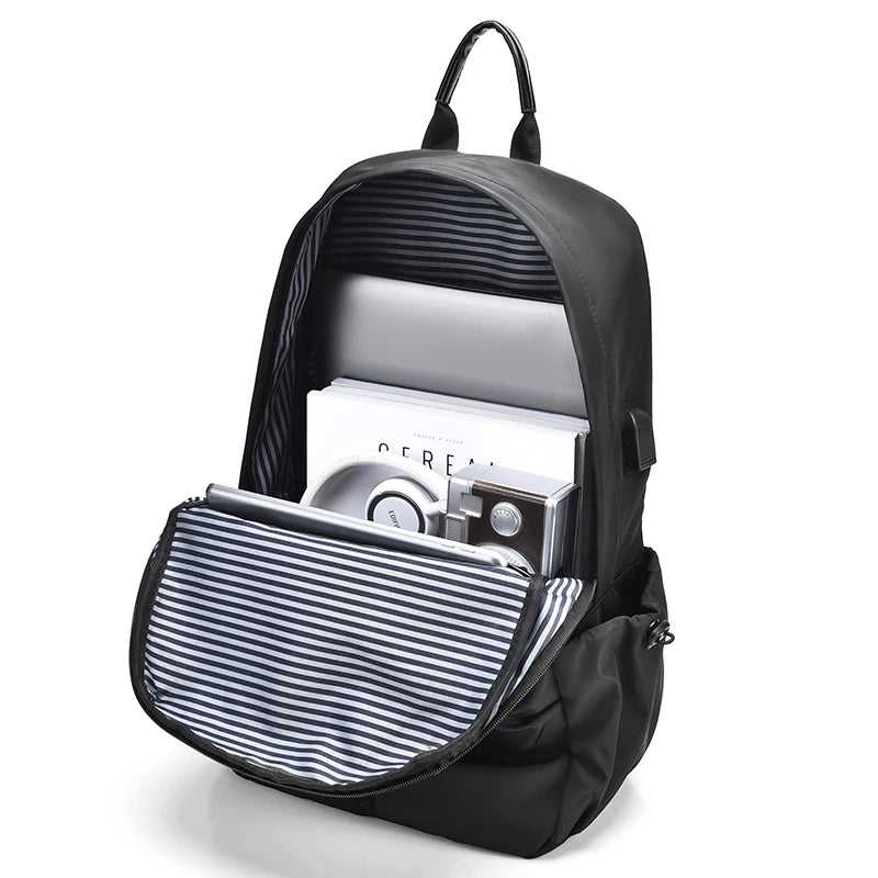 Black Nylon Waterproof Casual Sports Backpack – Lightweight, Large Capacity with USB Charging Port – Ideal for Travel, School, and Outdoor Activities