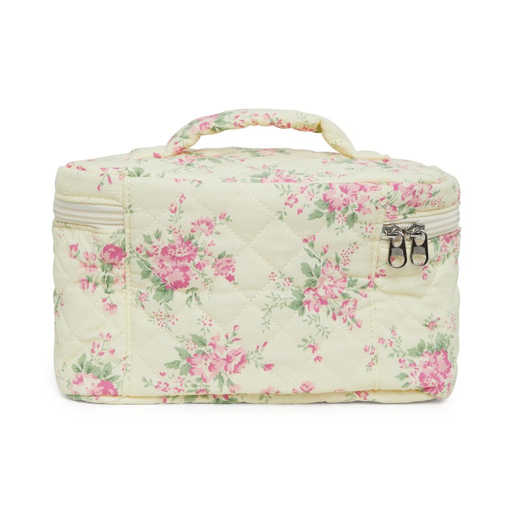 Floral Quilted Cotton Cosmetic Bag with Handle – Large Travel Makeup & Toiletry Pouch for Women – Lightweight Storage Organizer